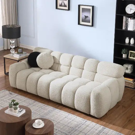 Beige Sofa – Modern Boucle 3-Seater Beige Sofa, Cream and Khaki Couch for Living Room, Premium Fabric Sofa with Plush Cushions