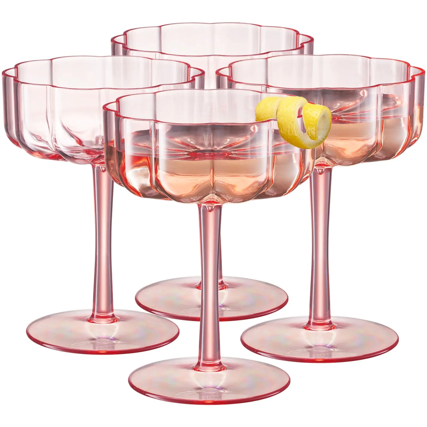 Shatterproof Art Deco Coupe Glasses – Unbreakable Acrylic Martini & Champagne Glass Set | Pink Flower Plastic Tritan Coupes (Set of 4)
