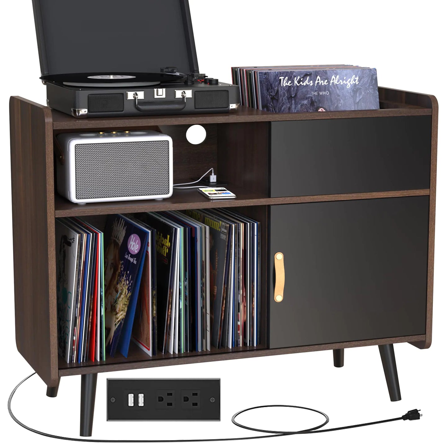 Vinyl Record Player Stand – Large Record Player Storage Cabinet with Power Outlet, Holds up to 350 Albums, Turntable Stand with Wood Legs for Living Room, Bedroom, and Office