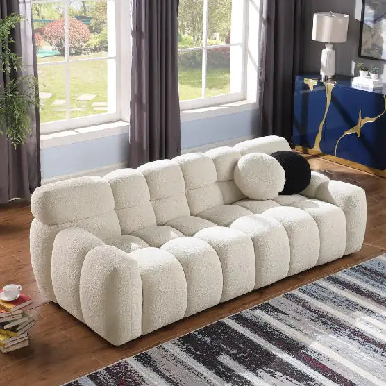 Beige Sofa – Modern Boucle 3-Seater Beige Sofa, Cream and Khaki Couch for Living Room, Premium Fabric Sofa with Plush Cushions