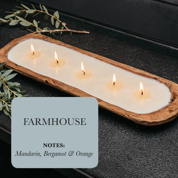 Rustic 5-Wick Wooden Dough Bowl Candle – Hand-Carved Soy Candle with Mandarin, Bergamot & Orange Scent | Farmhouse Wood Dough Candle Bowl for Cozy Home Décor
