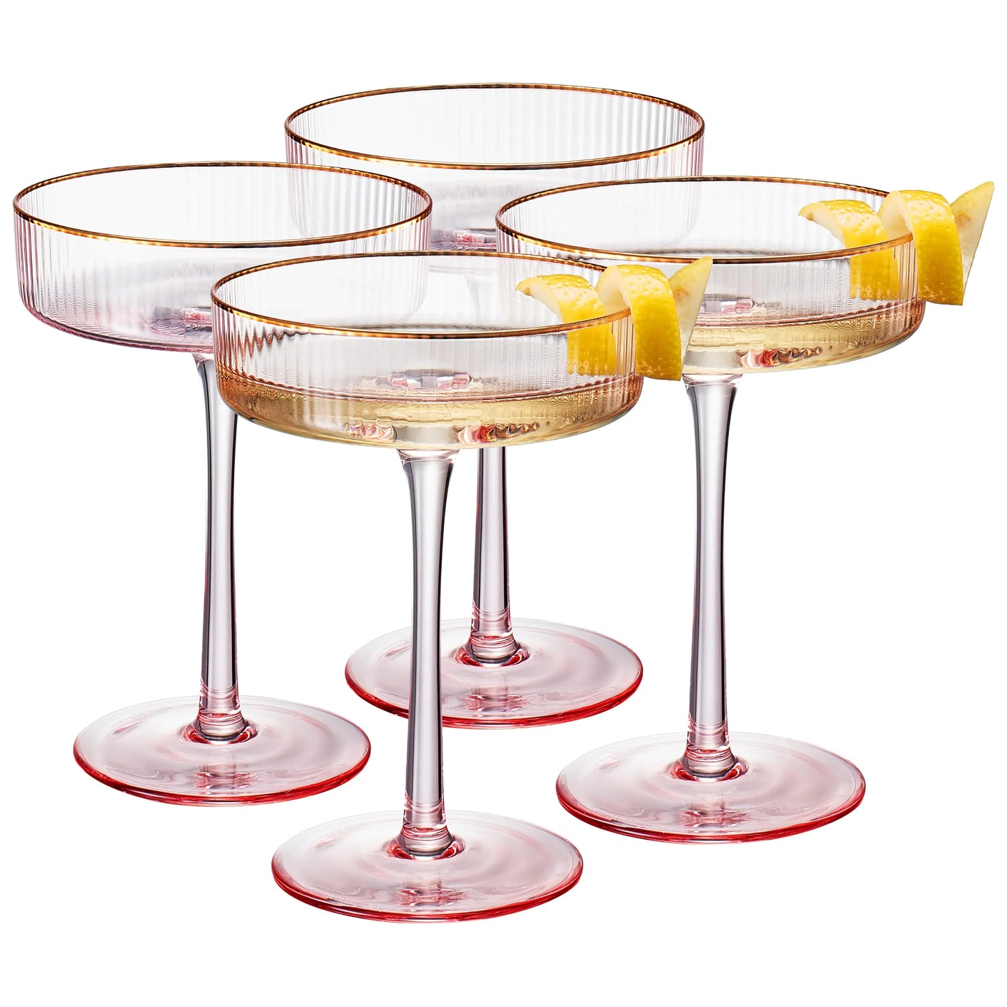 Art Deco Coupe Glasses – Ribbed Vintage Pink Cocktail Glasses with Gold Rim | Set of 4 Crystal Goblet Stemmed Ripple Glassware