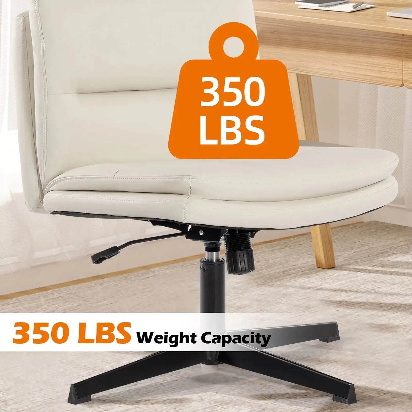 Leather Home Office Chair – Armless PU Leather Chair for Home Office Desk with 120° Swing, Ergonomic Mid-Back Support & Upholstered Cushion (White)