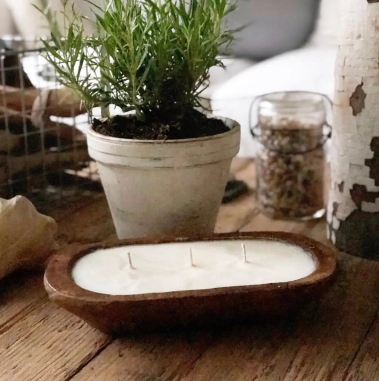 Rustic 3-Wick Wooden Dough Bowl Candle – Hand-Carved Soy Candle with Mandarin, Bergamot & Orange Scent | Farmhouse Wood Dough Candle Bowl for Cozy Home Décor