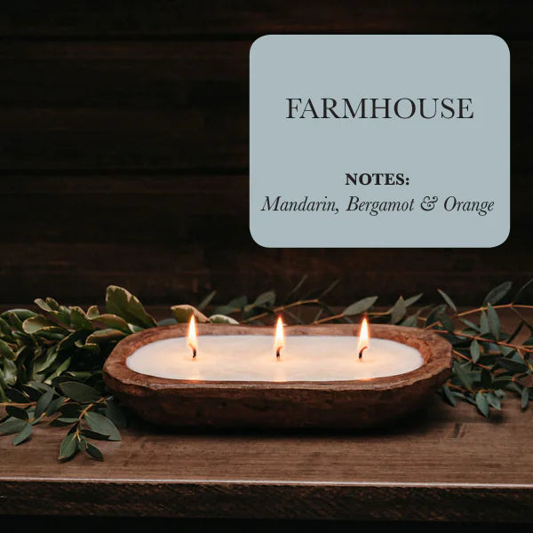 Rustic 3-Wick Wooden Dough Bowl Candle – Hand-Carved Soy Candle with Mandarin, Bergamot & Orange Scent | Farmhouse Wood Dough Candle Bowl for Cozy Home Décor