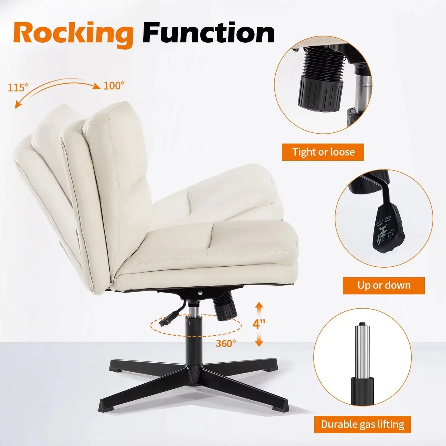 Leather Home Office Chair – Armless PU Leather Chair for Home Office Desk with 120° Swing, Ergonomic Mid-Back Support & Upholstered Cushion (White)