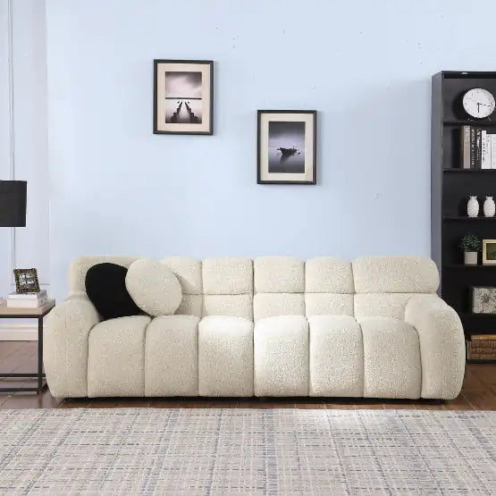 Beige Sofa – Modern Boucle 3-Seater Beige Sofa, Cream and Khaki Couch for Living Room, Premium Fabric Sofa with Plush Cushions