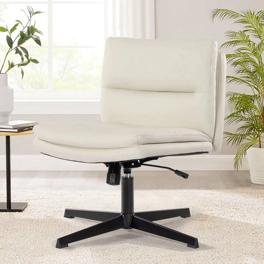 Leather Home Office Chair – Armless PU Leather Chair for Home Office Desk with 120° Swing, Ergonomic Mid-Back Support & Upholstered Cushion (White)