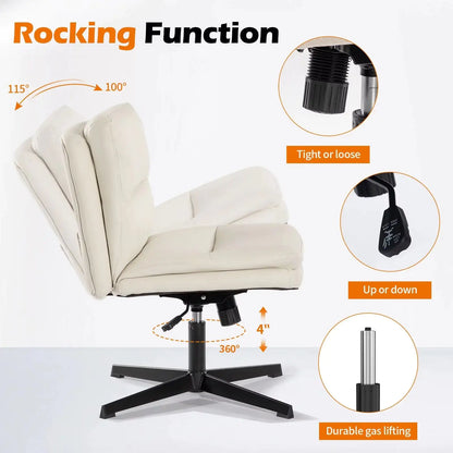 Leather Home Office Chair – Armless PU Leather Chair for Home Office Desk with 120° Swing, Ergonomic Mid-Back Support & Upholstered Cushion (White)